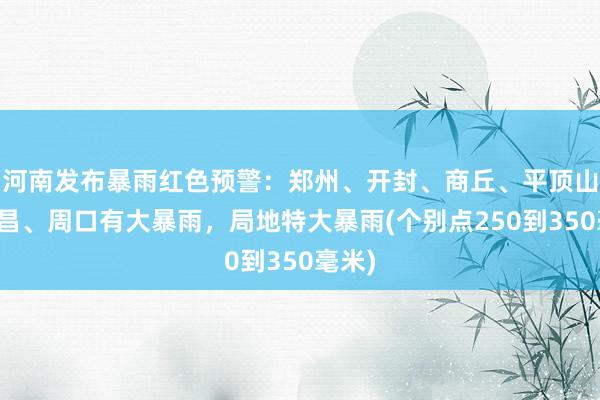河南发布暴雨红色预警：郑州、开封、商丘、平顶山、许昌、周口有大暴雨，局地特大暴雨(个别点250到350毫米)